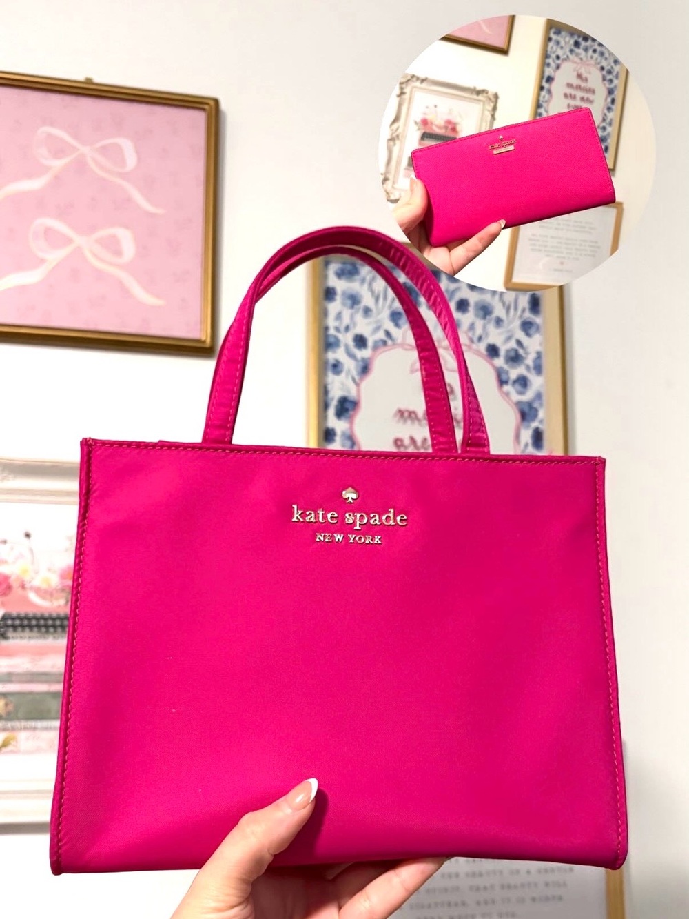 Kate Spade Hot Pink Structured Nylon Tote with Top Handles and Wallet